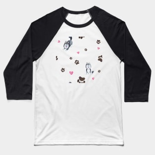 Cute Husky Paws and Hearts Pattern Baseball T-Shirt